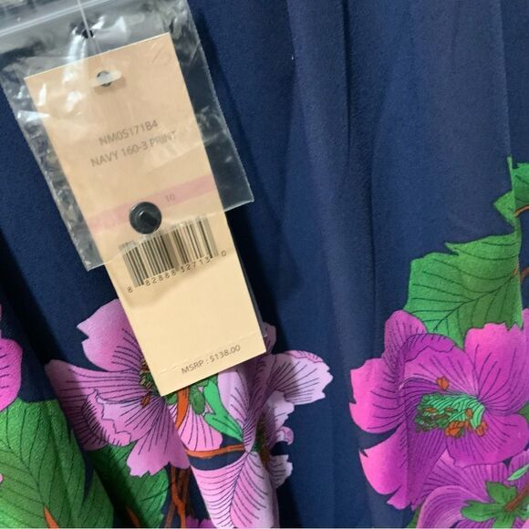 nanette Lepore Navy & Fuchsia Floral Cinched Midi Dress 10 Flowy NWT - Picture 8 of 16
